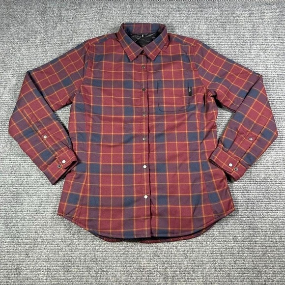Flylow Quilted Lined Red Black Plaid Button-Up Shirt Jacket Shacket Women Medium - Picture 1 of 12